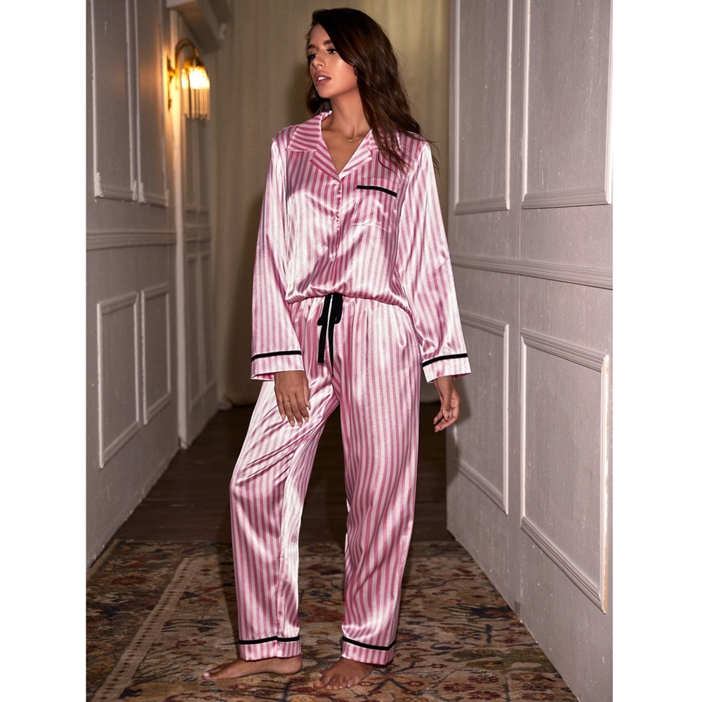 Satin Pink Stripes 2 Piece Pajamas Set - Picture 4 of 12